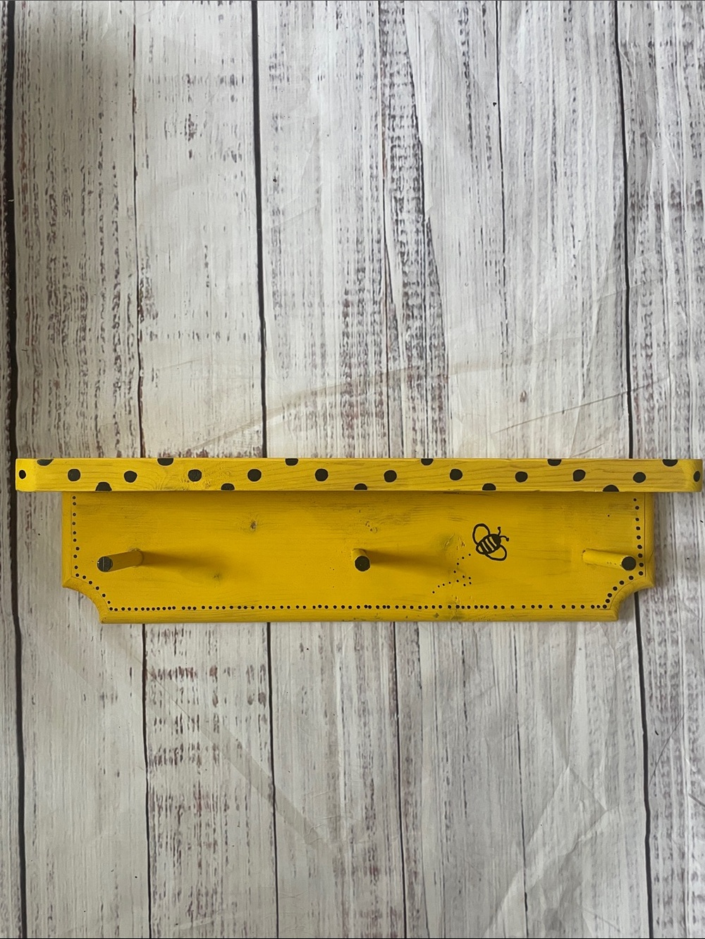 16in Yellow Polka Dot BumblebeeWall Shelf with Hooks